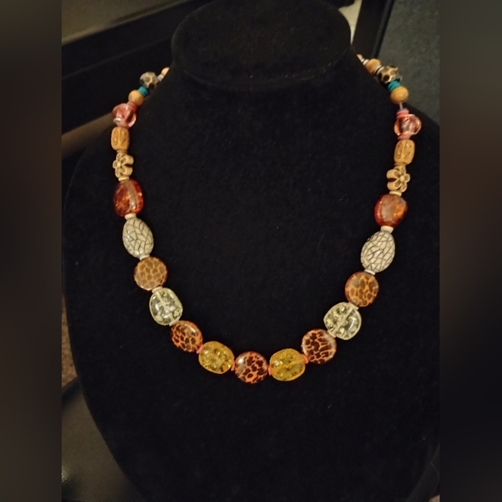 Vibrant Red & Yellow Beaded Necklace Whimsical Shapes & Colors Mix Media Elastic